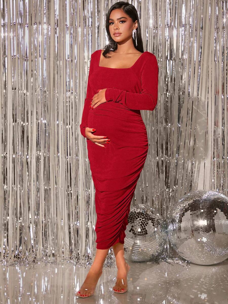 SHEIN Maternity Square Neck Ruched Bodycon Dress - Burgundy - View 1