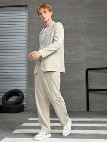 Manfinity Mode Men Solid Single Breasted Blazer & Suit Pants - Khaki - View 4