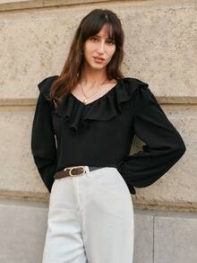 SHEIN Frenchy Ren tương phản Viền Ruffle Tay áo loe Áo sơ mi - màu đen - Xem 5