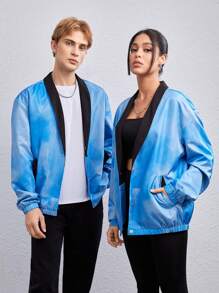 Manfinity VCAY 1 件撞色饰边落肩超大夹克，适合秋冬 - 藍色 - 查看 3