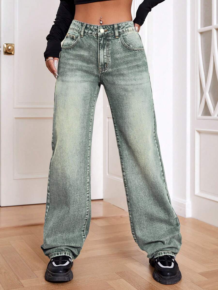 SHEIN EZwear Bolso Inclinado Perna Larga Jeans - Verde - Ver 1