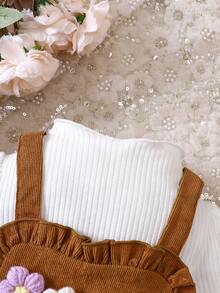 Baby Girl Mock Neck Tee & Floral Embroidery Overall Dress & Hat - Brown - View 6