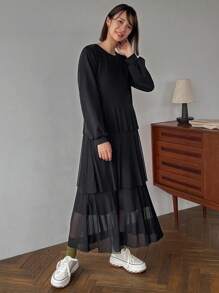 FRIFUL Solid Ruffle Hem Dress,Fall Clothes Long Sleeve Dress Maxi Dress - Black - View 6