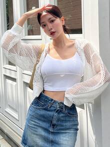 DAZY Hollow Out Drop Shoulder Crop Jacket - White - View 5