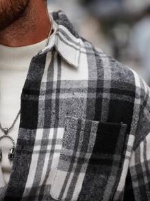 Manfinity 男士格紋雙口袋下墜肩外套 - 黑與白 - 查看 5