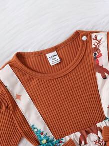 Baby Girl Christmas Print Ruffle Trim Bow Front 2 In 1 Bodysuit & Headband - Yellow - View 5