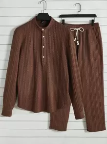 GENTILAND 寬鬆版型男士半扣紐襯衫及束口褲 - 咖啡棕 - 查看 1