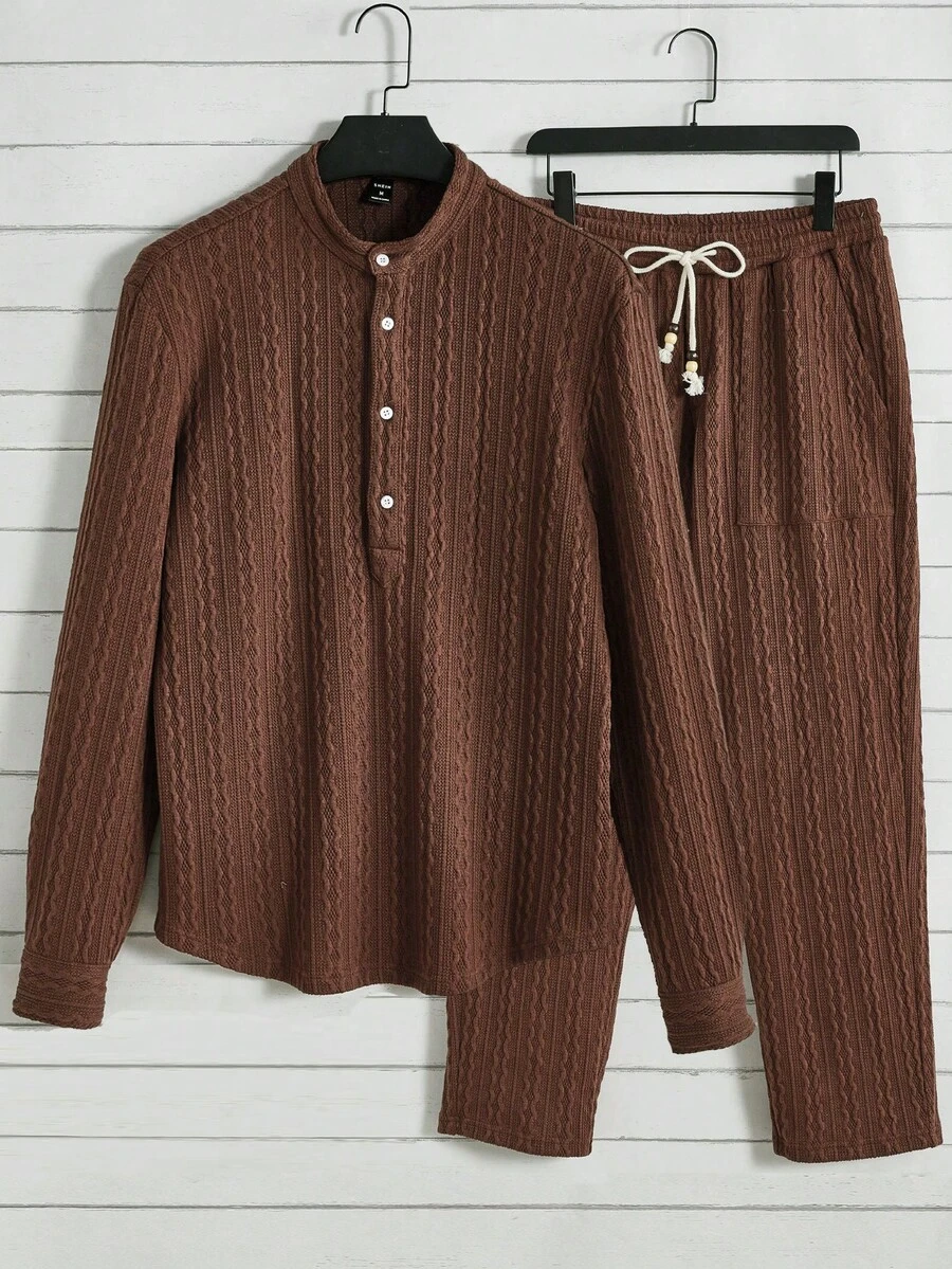 GENTILAND 寬鬆版型男士半扣紐襯衫及束口褲 - 咖啡棕 - 查看 1