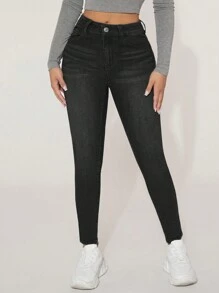 SHEIN PETITE High Waist Skinny Jeans - Black - View 3