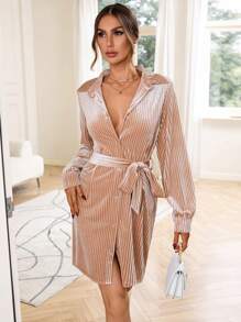 SHEIN Privé 純色束帶襯衫洋裝