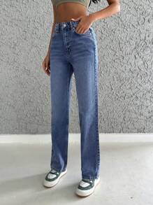 Cottnline High-waisted Straight Leg Jeans With Washed Effect - Medium Wash - View 3