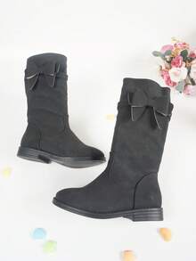 Fashionable Princess Style Street Heavy Duty Bowknot Detail Comfortable Non-Slip Long Boots For Girls Children In Autumn And Winter - Black - View 3