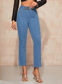 SHEIN Privé Flared Jeans Details - Light Wash - View 1