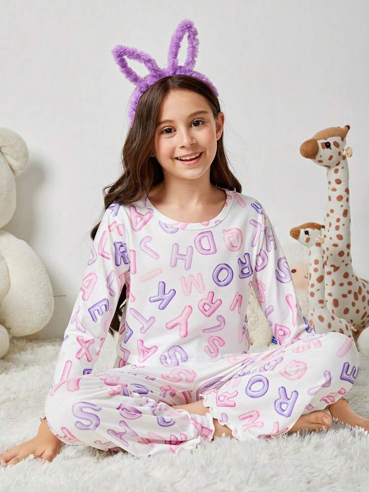 Tween Girl Letter Print Tee & Pants PJ Set