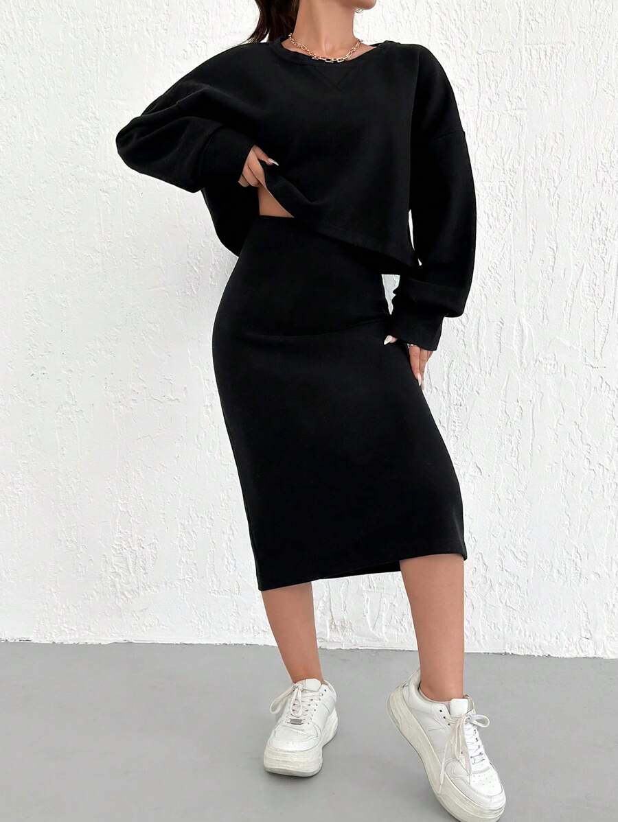 RueChic 2pcs/Set Women's Loose Fit Round Neck Long Sleeve Top And Mid-Length Solid Color Skirt - Black - View 1