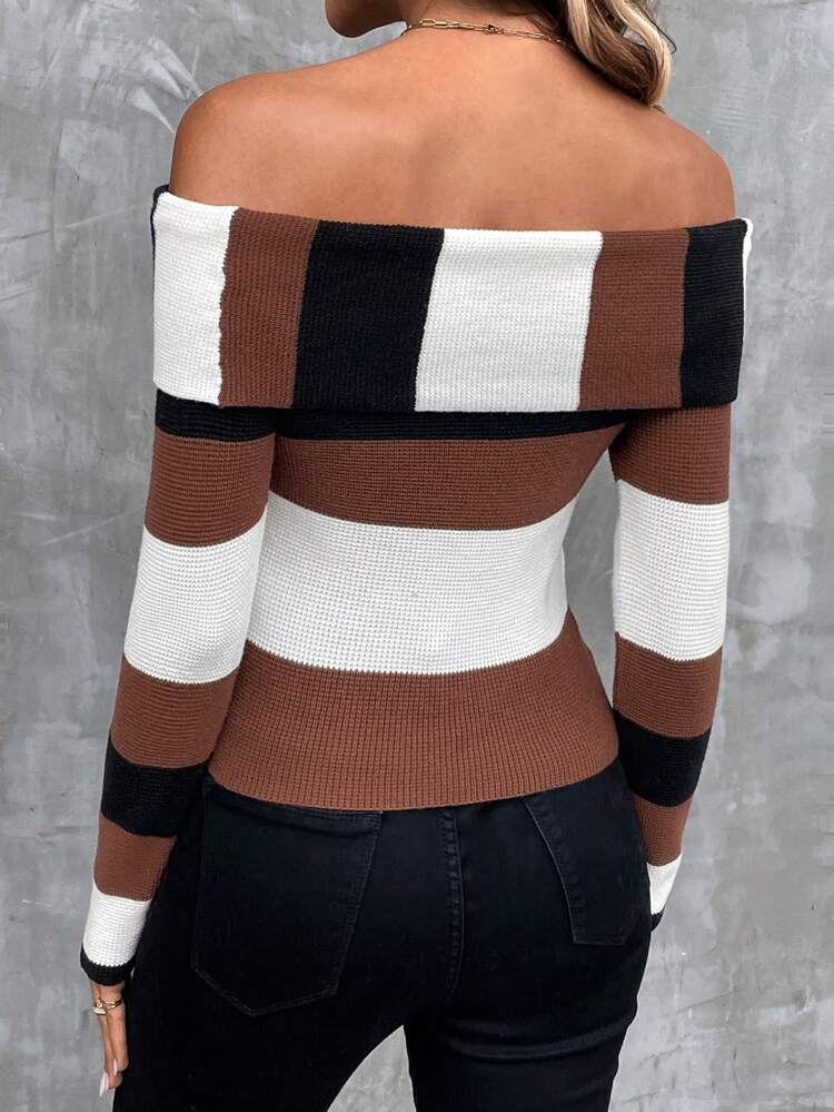 Color Block Off Shoulder Sweater,Long Sleeve Tops Knit Pullover Fall Winter Sweater