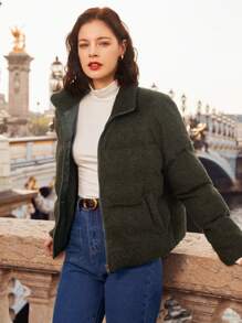 SHEIN Frenchy 冬季拉链夹棉大衣 - 軍綠色 - 查看 4