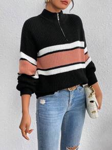 SHEIN LUNE Áo len chui đầu tay phồng phối màu, khóa kéo nửa thân, kiểu dáng thu đông. - Nhiều màu - Xem 3