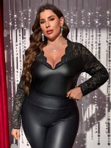 SHEIN Clasi Plus Contrast Lace PU Leather Tee - Black - View 3