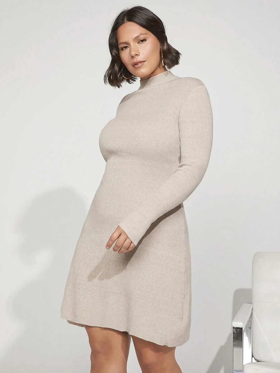 SHEIN BASICS Plus Mock Neck Ribbed Knit Sweater Dress In Fall/Winter - Apricot - View 1