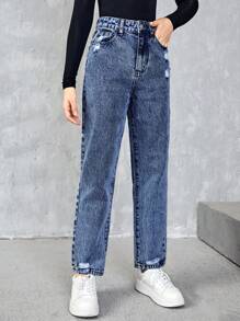 SHEIN Quần jean rách ống đứng teen girl - Rửa trung bình - Xem 3