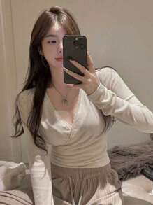 DAZY Solid Surplice Neckline Wrap Tee - White - View 6