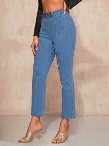 SHEIN Privé Flared Jeans Details - Light Wash - View 5