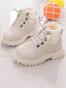 1 đôi giày bốt đế mềm chống trượt cổ cao lót nhiệt màu trơn thời trang Unisex, giày bốt đi tuyết bằng da, giày bốt đi xe máy, thích hợp cho các bữa tiệc ngoài trời mùa đông, thể thao và giải trí - trắng - Xem 1