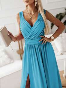 素色高衩洋裝 - 淺藍色 - 查看 4