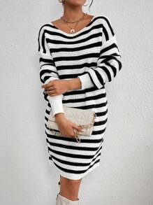 SHEIN LUNE Striped Pattern Drop Shoulder Sweater Dress Without Belt - Black and White - View 3