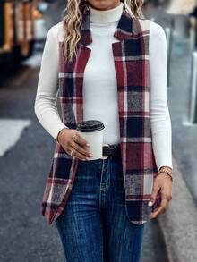 SHEIN LUNE Áo blazer in họa tiết kẻ sọc hở phía trước - Đỏ - Xem 3