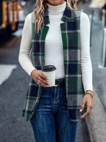 SHEIN LUNE Áo blazer in họa tiết kẻ sọc hở phía trước - màu xanh lá - Xem 5