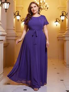 SHEIN Belle Plus Contrast Lace Belted Chiffon Dress - Mauve Purple - View 2