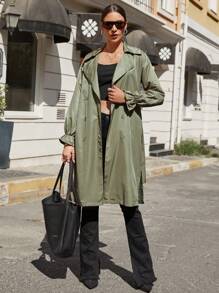 SHEIN Cottnline Drop Shoulder Double Breasted Belted Trench Coat - Khaki - View 3