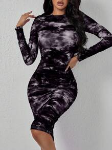 SHEIN SXY Tie Dye Mock Neck Ruched Side Bodycon Dress - Black - View 2