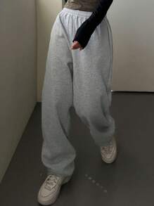 DAZY Solid Elastic Waist Slant Pocket Sweatpants,Women Joggers Fall,Winter - Grey - View 2