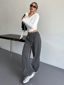 DAZY Drawstring Waist Wide Leg Pants Baggy Pants - Grey - View 6