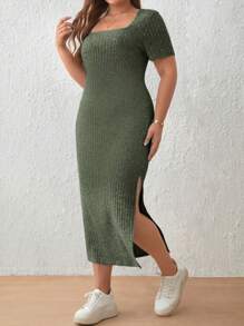 SHEIN Frenchy Vestido con cuello cuadrado y aberturas en los laterales de la falda talla grande - Verde - Ver 1