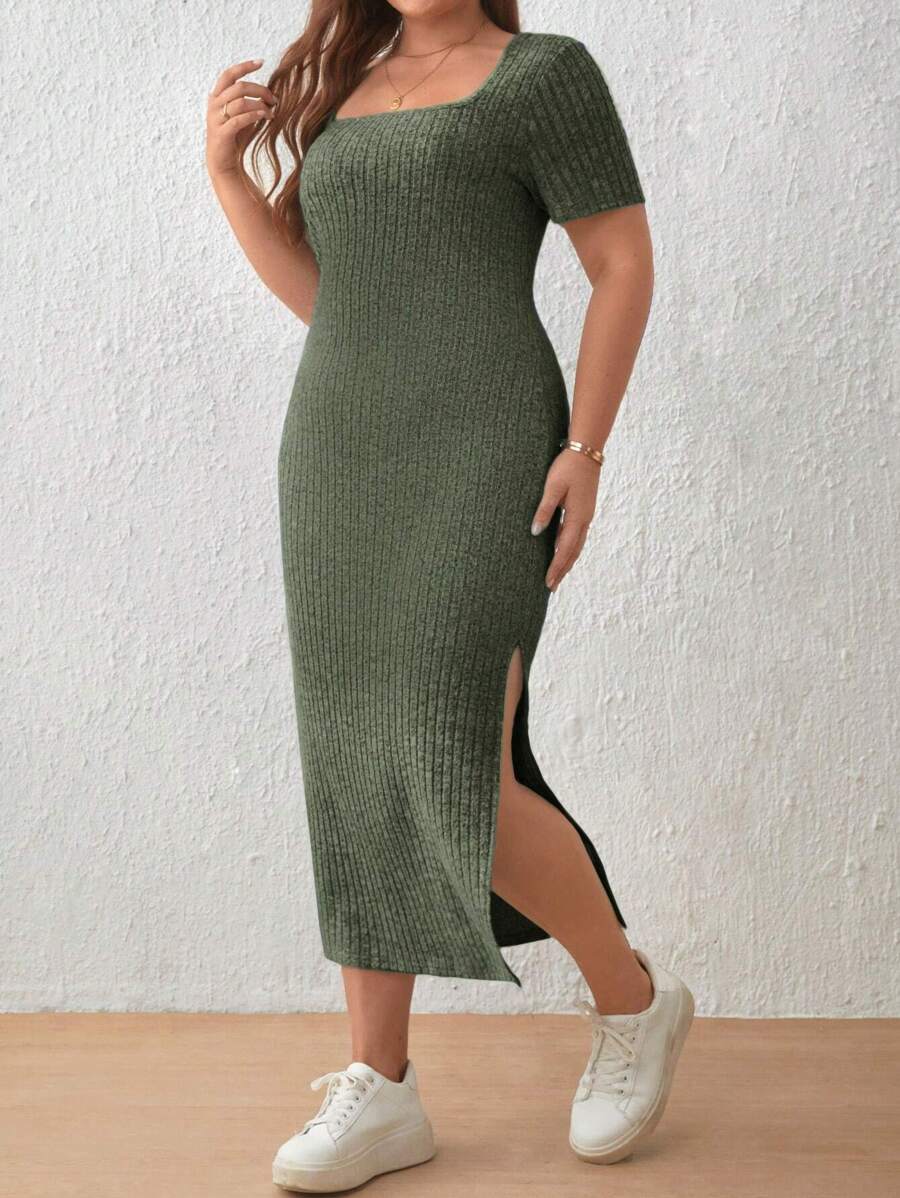 SHEIN Frenchy Vestido con cuello cuadrado y aberturas en los laterales de la falda talla grande - Verde - Ver 1