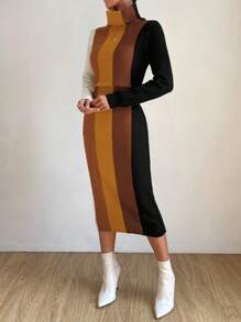 SHEIN Privé Colorblock Turtleneck Sweater Dress - Multicolor - View 5