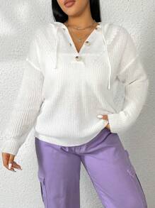 SHEIN LUNE Áo len chui đầu dáng rộng có mũ trùm đầu, dây rút, kiểu dáng thu đông. - trắng - Xem 1