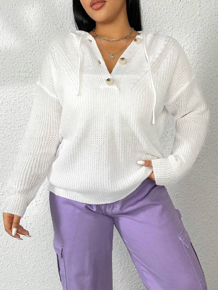 Plus Drop Shoulder Drawstring Hooded Sweater Knit Pullover Fall Winter Sweater