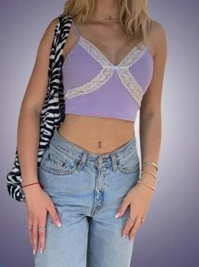 INAWLY 蕾絲邊吊帶上衣 - 紫色 - 查看 1