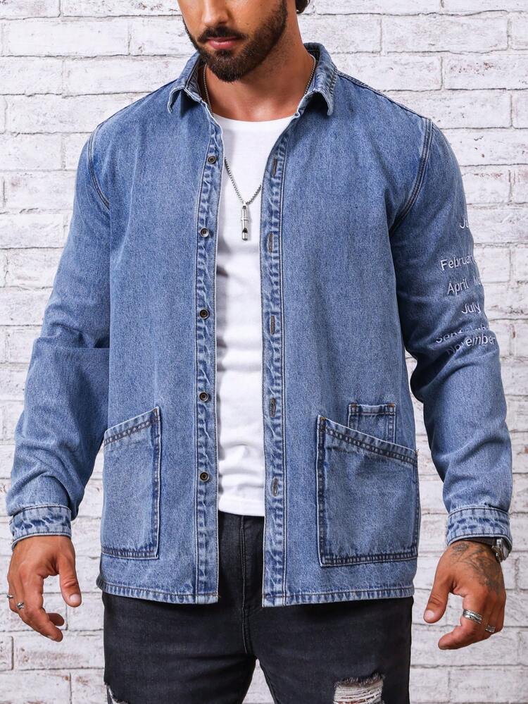 Men Slogan Graphic Dual Pocket Denim Shirt