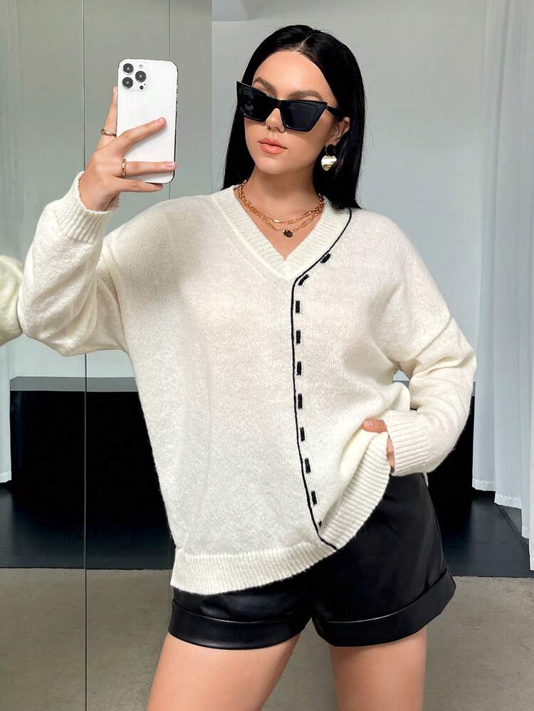Plus Contrast Trim Drop Shoulder Sweater