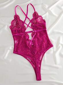 SHEIN Body lencero con cuello en pico profundo, espalda descubierta y encaje floral cruzado - Morado - Ver 2
