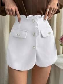 SHEIN Privé Paperbag Waist Flap Detail Button Front Shorts - White - View 1