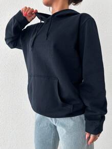 EURMUSE 100%纯棉休闲纯色口袋抽绳连帽衫 - 藏蓝色 - 查看 4