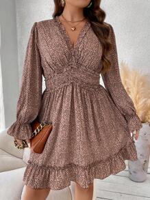 Franclia Plus Dalmatian Print Flounce Sleeve Ruffle Hem Dress