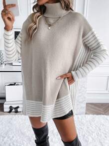 SHEIN LUNE Striped Pattern Turtleneck Drop Shoulder Knit Pullover Fall Winter Sweater - Khaki - View 7
